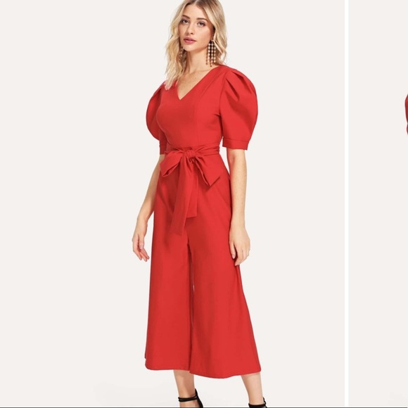 NEED GONE Red Puff Sleeve Jumpsuit - Picture 2 of 5